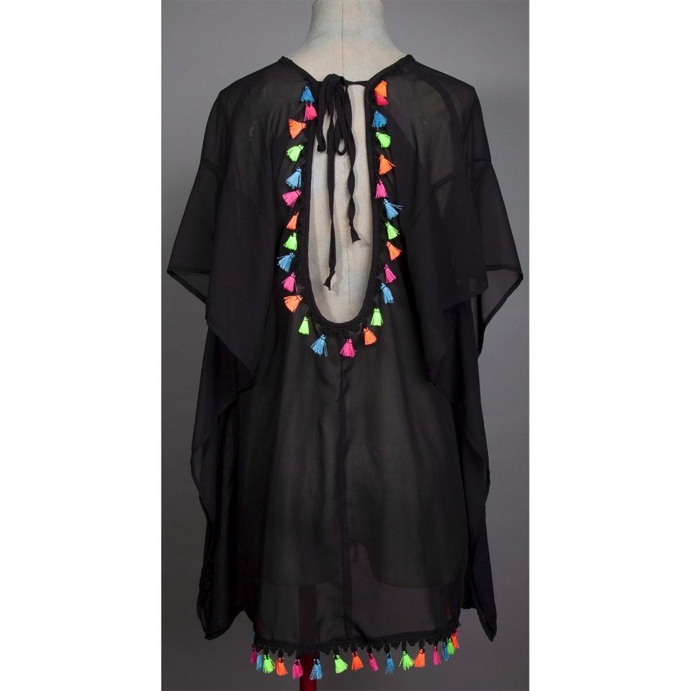 Black swimsuit cover w/ rainbow tassles